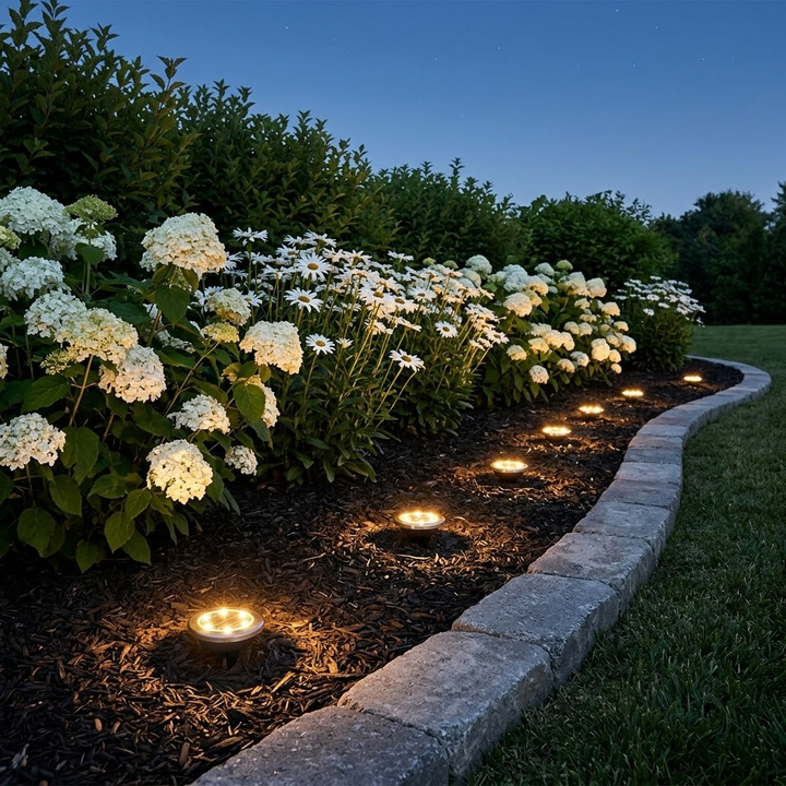 Stylish warm white LED solar path lights for outdoor gardens, offering energy-efficient walkway and landscape decor.