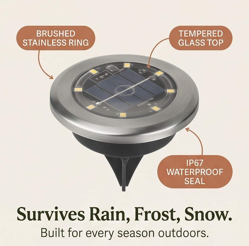 Durable waterproof solar path lights for outdoor use, casting a warm white LED glow along garden pathways & steps.