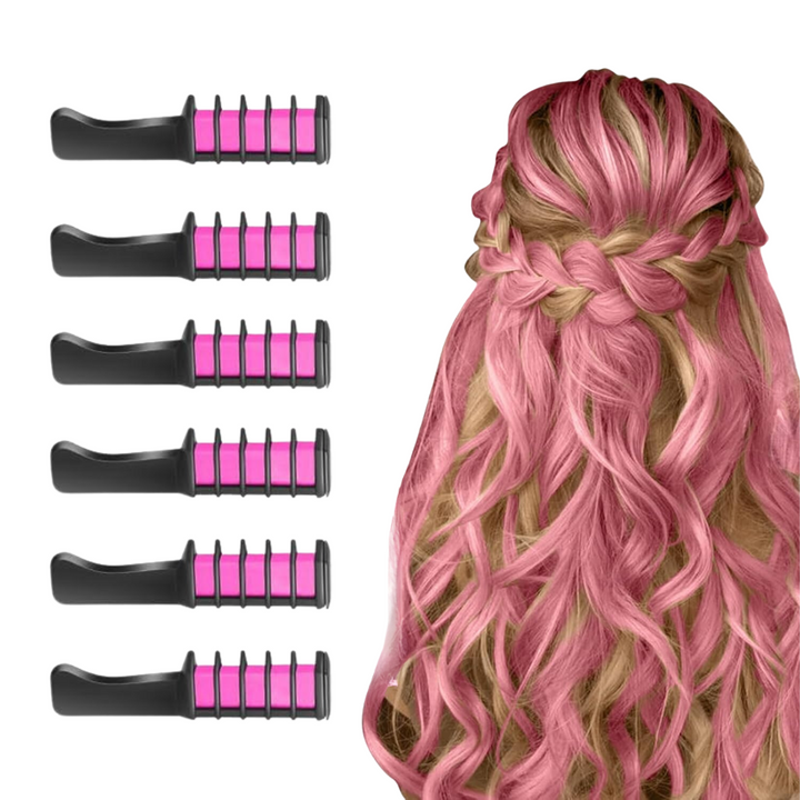 Child applying washable hair chalk comb, creating temporary fun hair for a party.