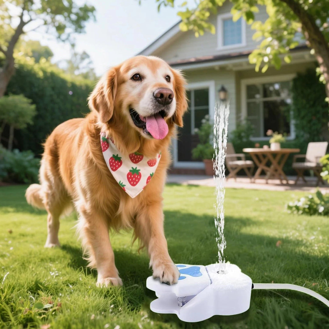 Interactive dog water fountain with a paw activator, providing fresh outdoor pet hydration and summer fun.