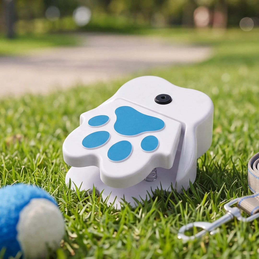 Close-up of a dog's paw pressing the activator of a refreshing outdoor water fountain for pets.