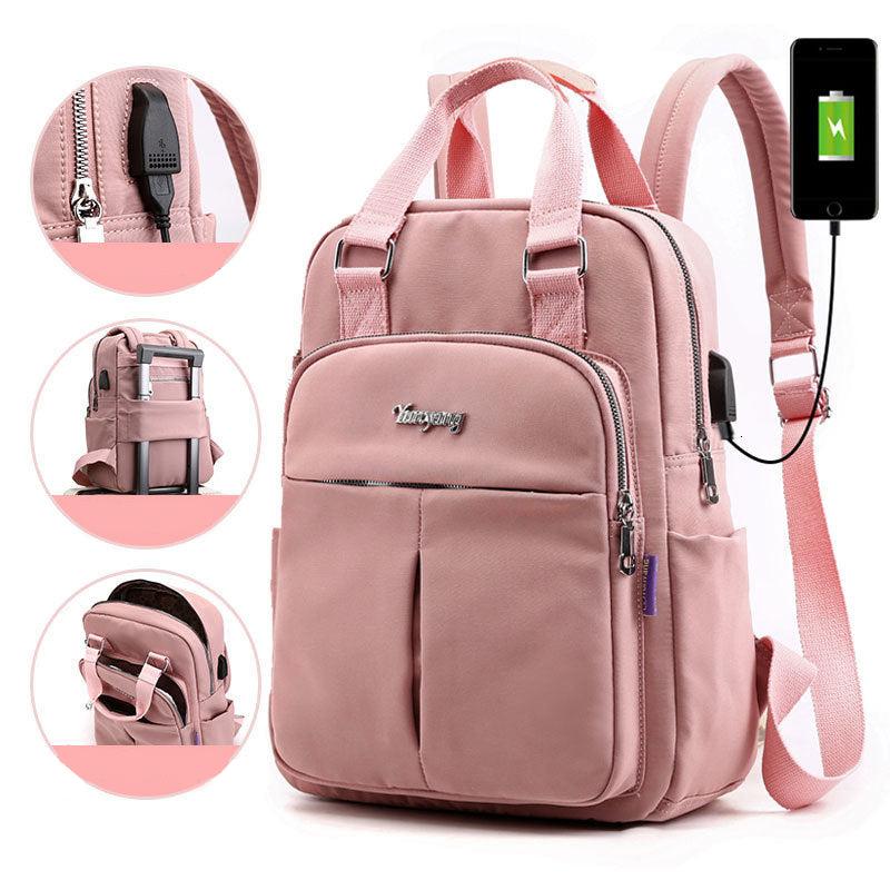 Durable travel backpack with built-in USB charger and water-resistant material.