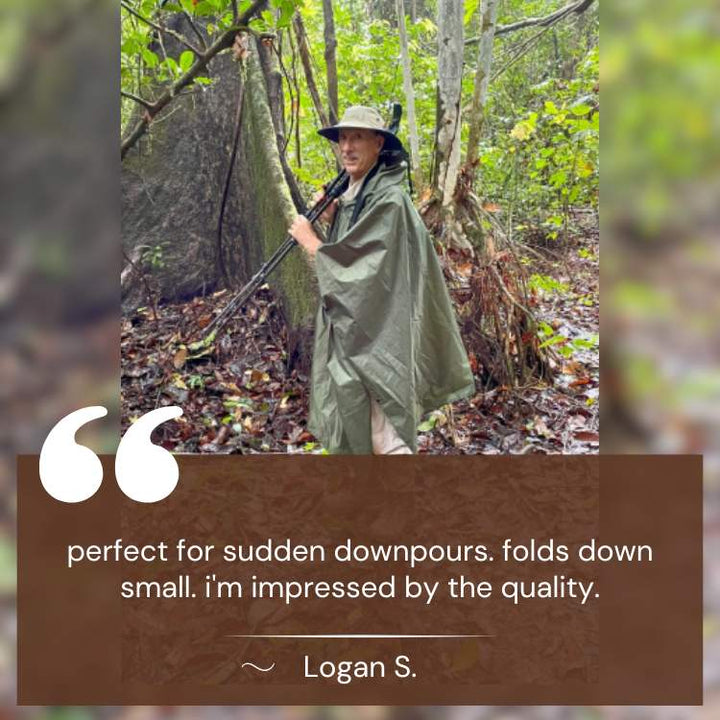 Folded unisex waterproof all-terrain trekking poncho. Essential outdoor adventure rain gear.