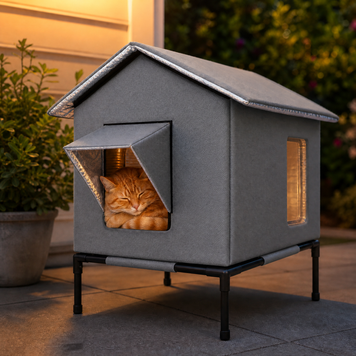 Warm, insulated outdoor cat shelter for winter, weather-resistant pet house for stray cats.