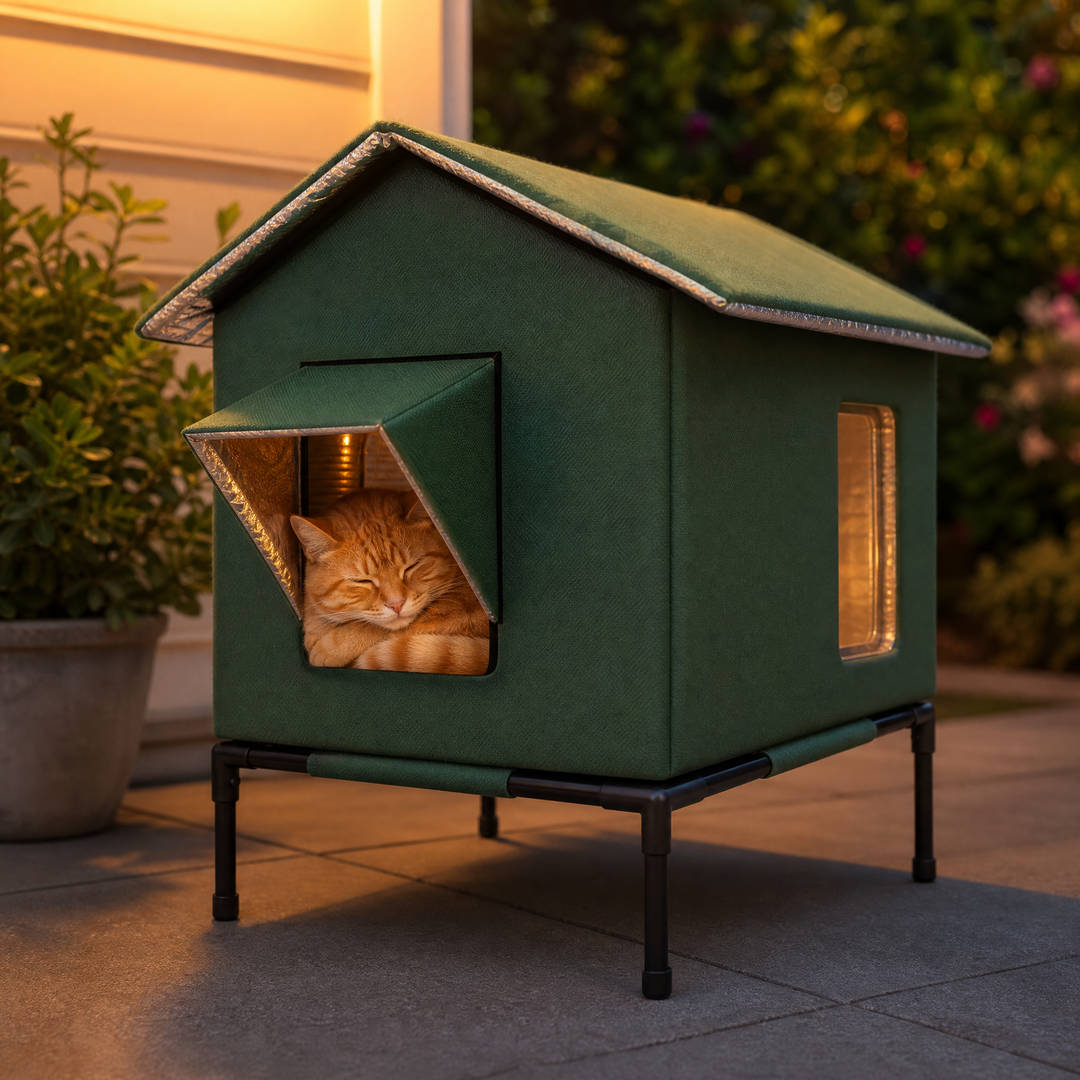 Feral cat shelter: insulated, waterproof outdoor pet house for warmth and protection in winter.