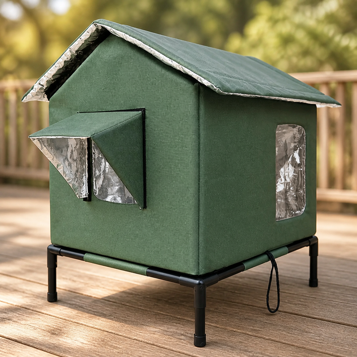 Cozy, weather-resistant outdoor cat house with insulation, keeping feral cats warm & dry all winter.