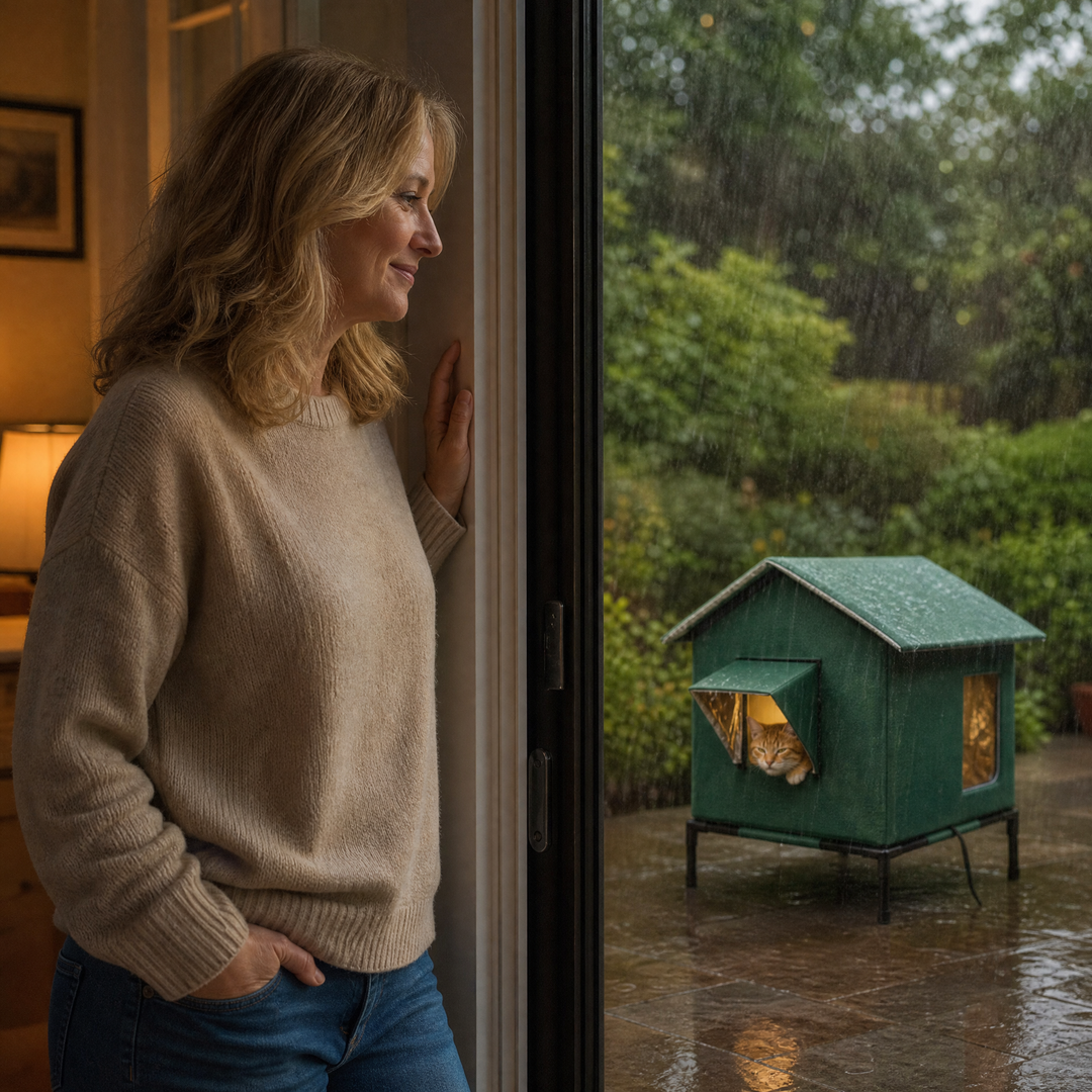 Insulated outdoor cat house, waterproof and weather-resistant, for a warm feral cat shelter.