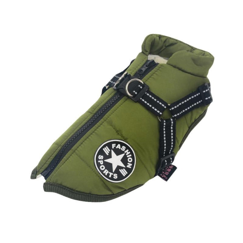 Waterproof reflective dog jacket with harness access for outdoor adventures. Keeps pets warm & dry in all weather.