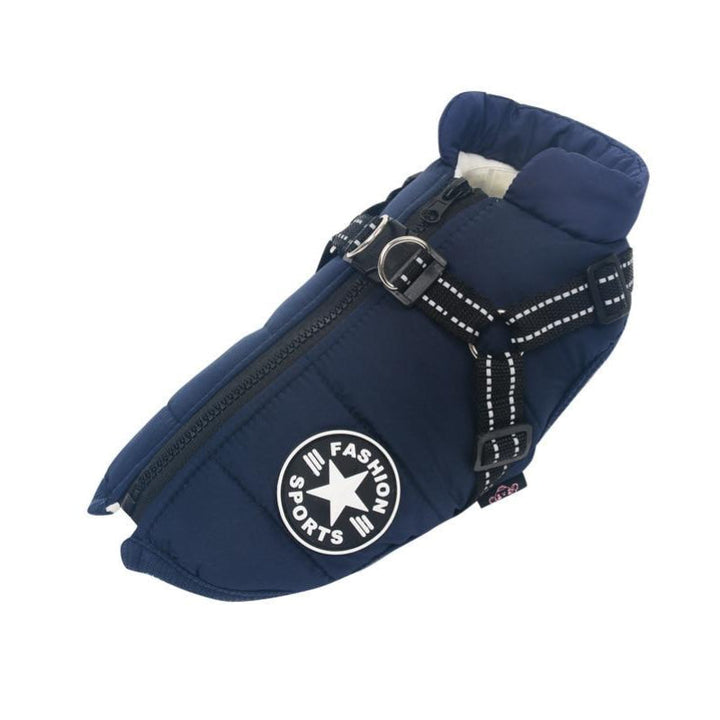 High-visibility reflective dog jacket. Waterproof & durable for all-weather protection, ensuring pet comfort & safety.