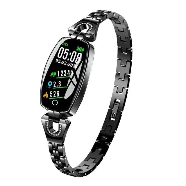 Elegant women's waterproof fitness tracker, monitors health, steps, and sleep, FitStyle.