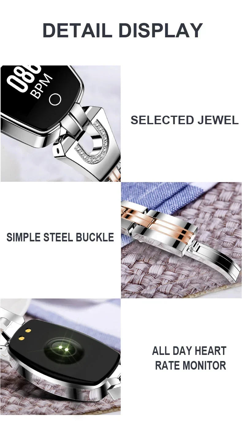 Stylish women's waterproof activity tracker smartwatch, monitors heart rate & sleep.