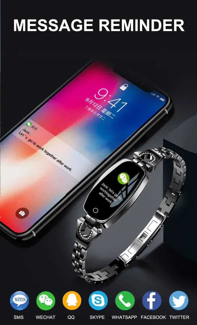Women's smart fitness tracker, waterproof design, heart rate and sleep monitor.