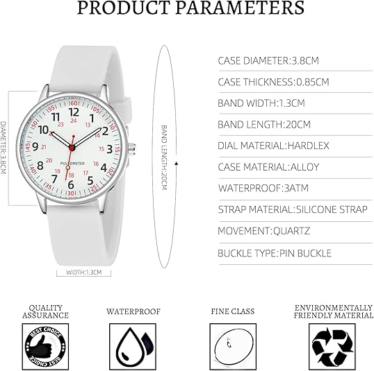 Unisex waterproof nurse watch, easy-read dial, precise second hand, durable silicone strap for medical professionals.