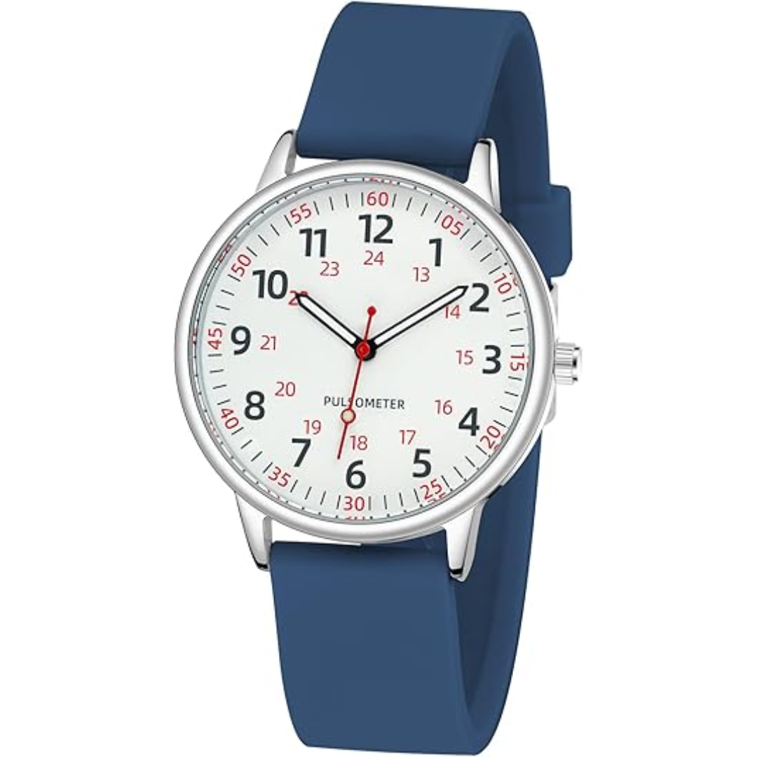 Waterproof nurse watch clipped to a medical uniform, visible second hand, essential for healthcare professionals.