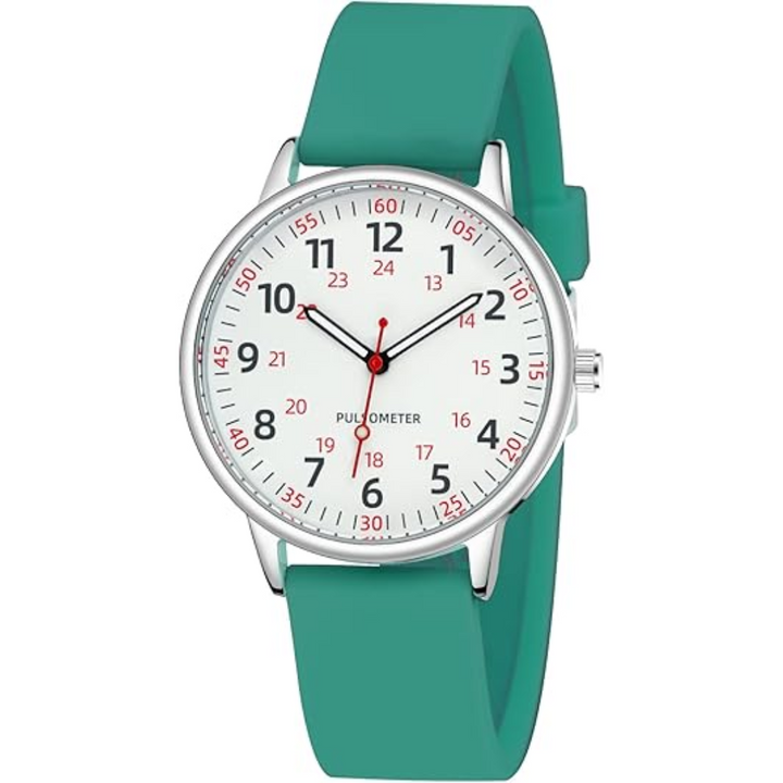 Close-up of easy-read dial on a waterproof nurse watch, showing the clear second hand, numerals & hour markers.