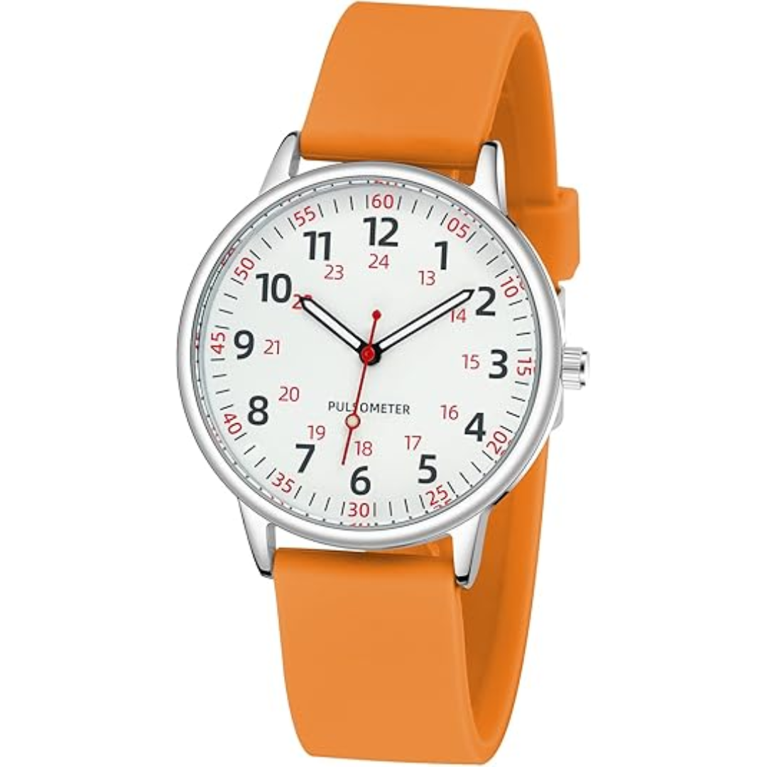 Accurate waterproof nurse watch, precise second hand for vital signs, comfortable silicone strap, easy-read face.