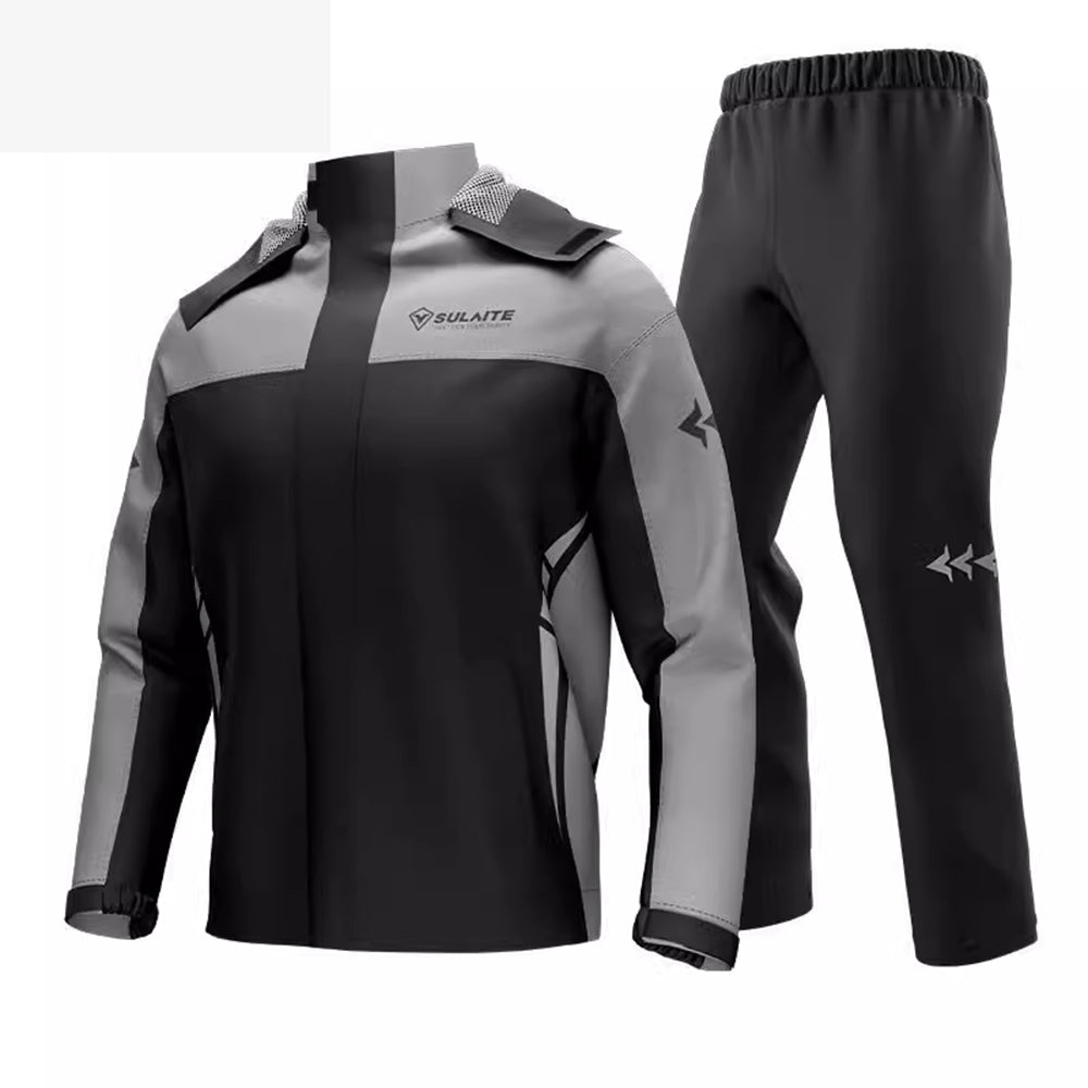 Compact men's waterproof rain suit, packable for travel & outdoor activities. Breathable design.