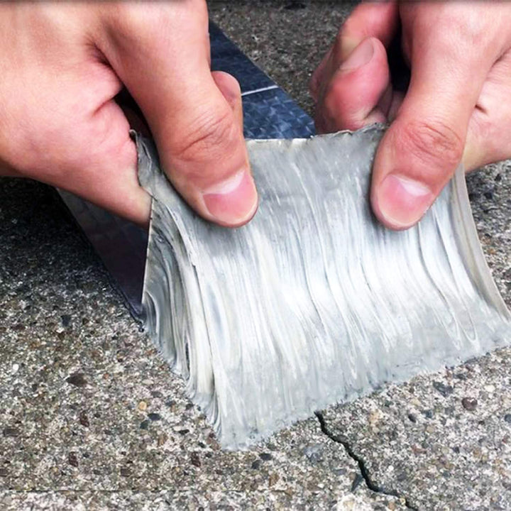 Waterproof leak seal tape fixing a pipe. Strong adhesive tape for quick crack repair & emergency home fixes.