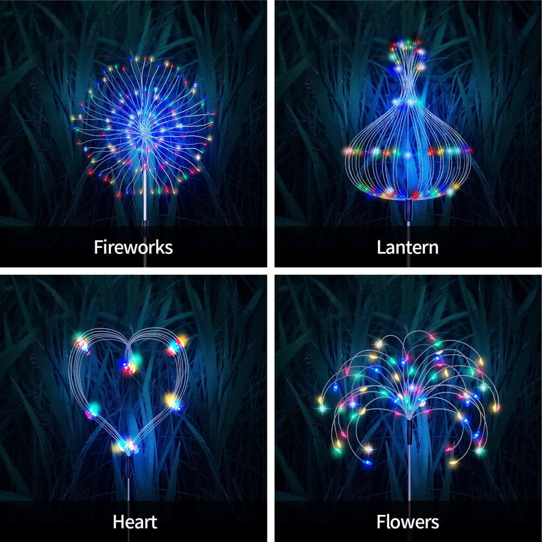 Vibrant solar firework garden lights, waterproof outdoor LED lamp for captivating patio decor.