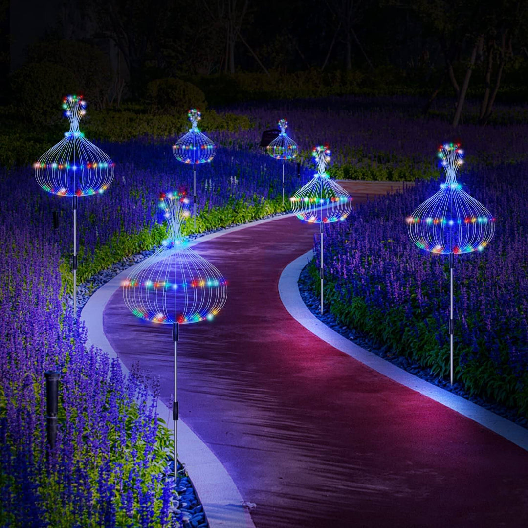 Multi-color solar firework lights, waterproof and LED-powered for stunning garden & outdoor lighting.