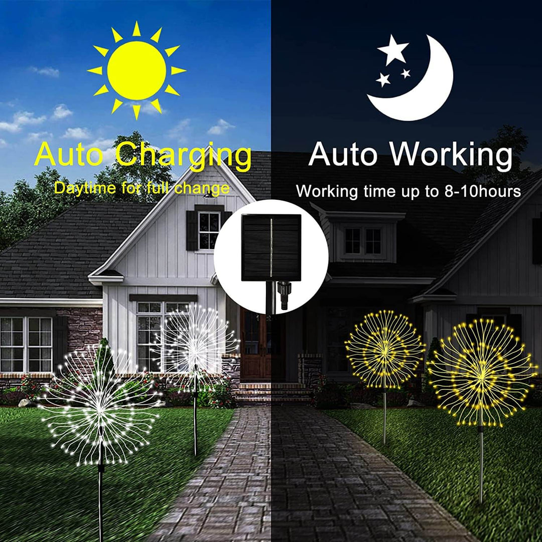 Bright waterproof solar firework lights for garden, landscape, & outdoor LED illumination.