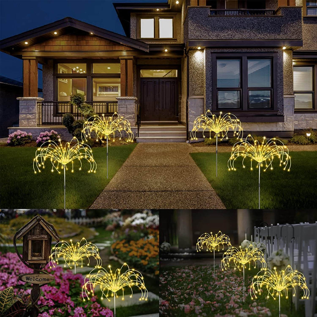 Solar-powered firework garden lights, waterproof LED lamps create a festive outdoor ambiance.