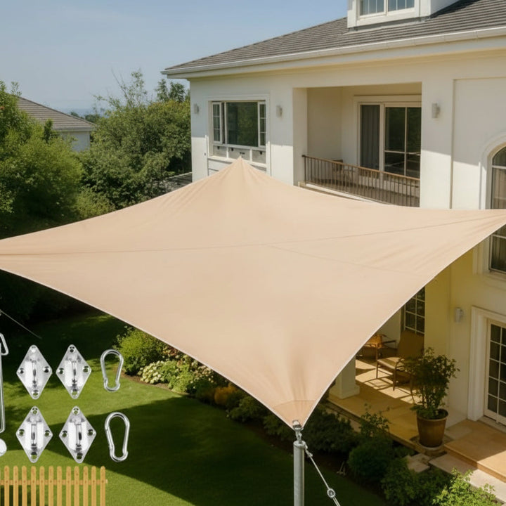 Beige UV protection sun sail canopy for a deck or balcony.