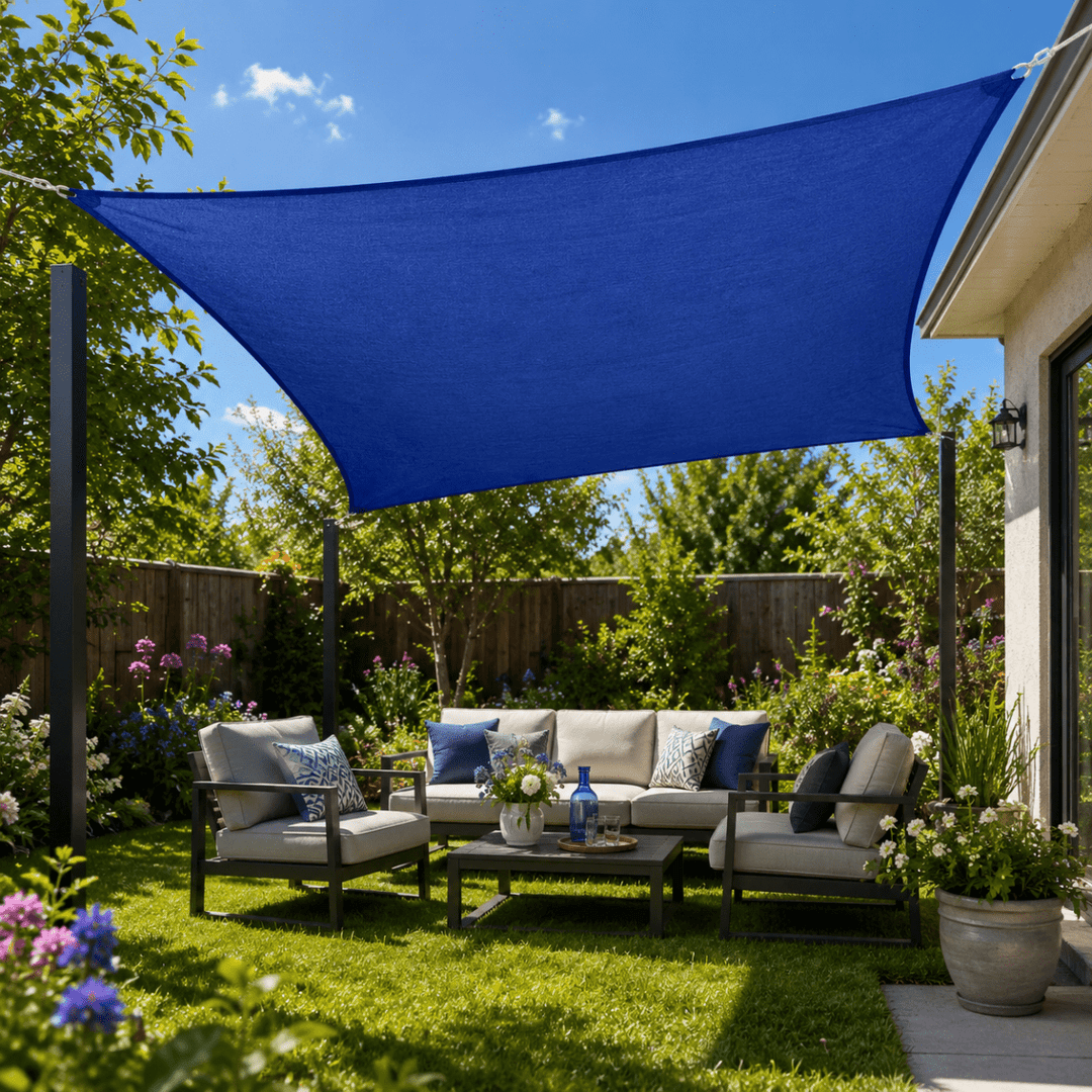 Rectangular waterproof sun sail shade protecting a patio from UV rays.