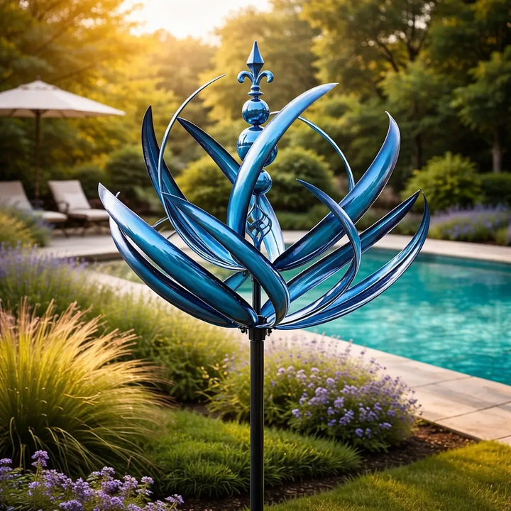Elegant lotus metal garden wind spinner, rust-resistant, perfect outdoor decor for yard & patio.