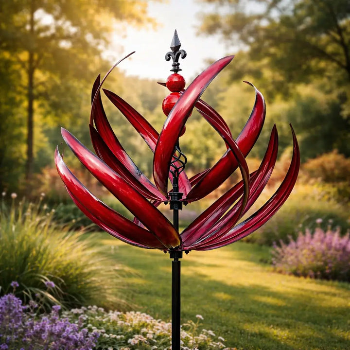 Beautiful lotus design metal wind spinner for garden, weather-resistant yard art & lawn decor.