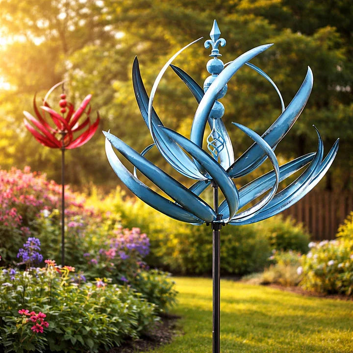 Rust-resistant metal lotus wind spinner, an elegant garden ornament & outdoor home accent.