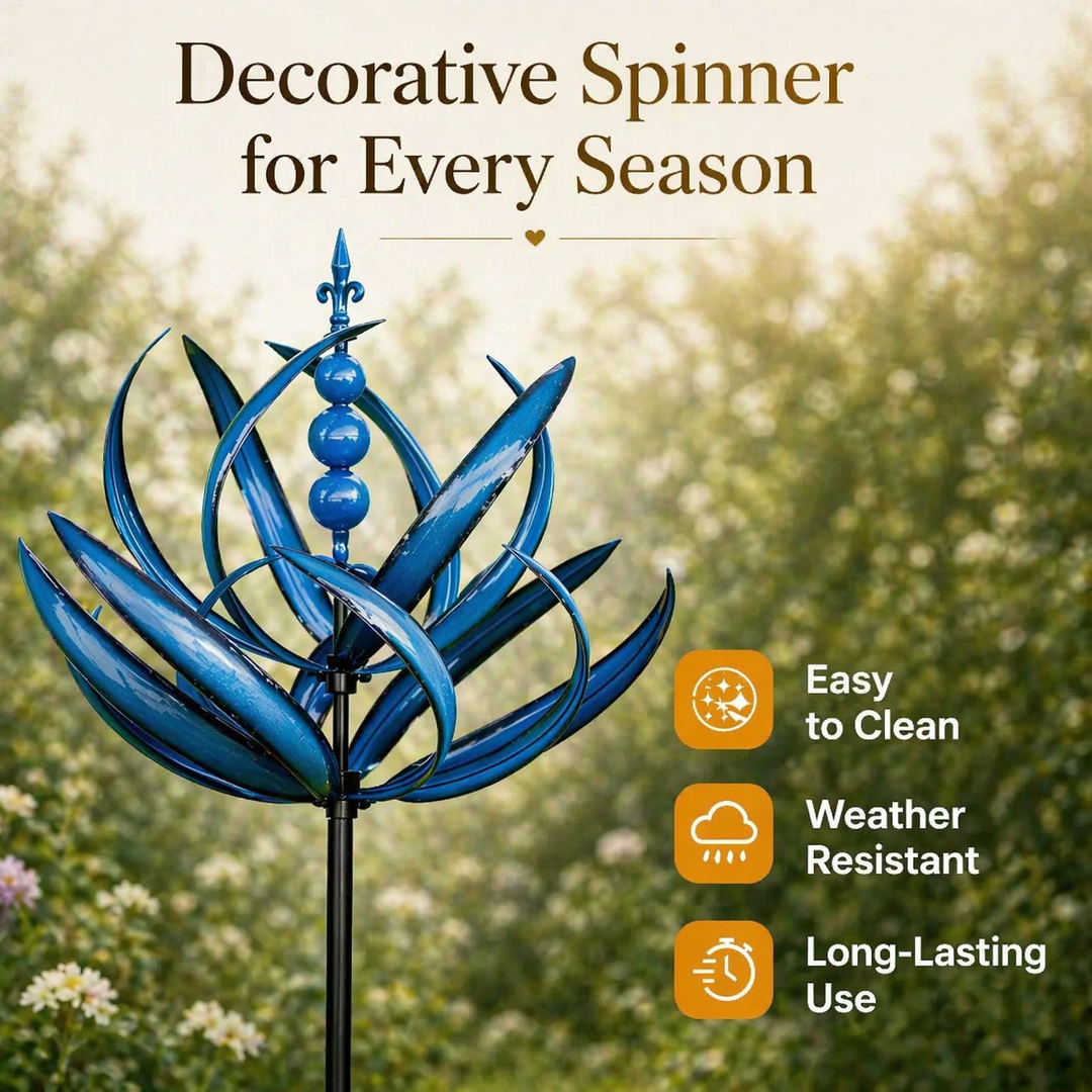 Graceful lotus metal wind spinner for garden decor, durable & rust-resistant outdoor art.