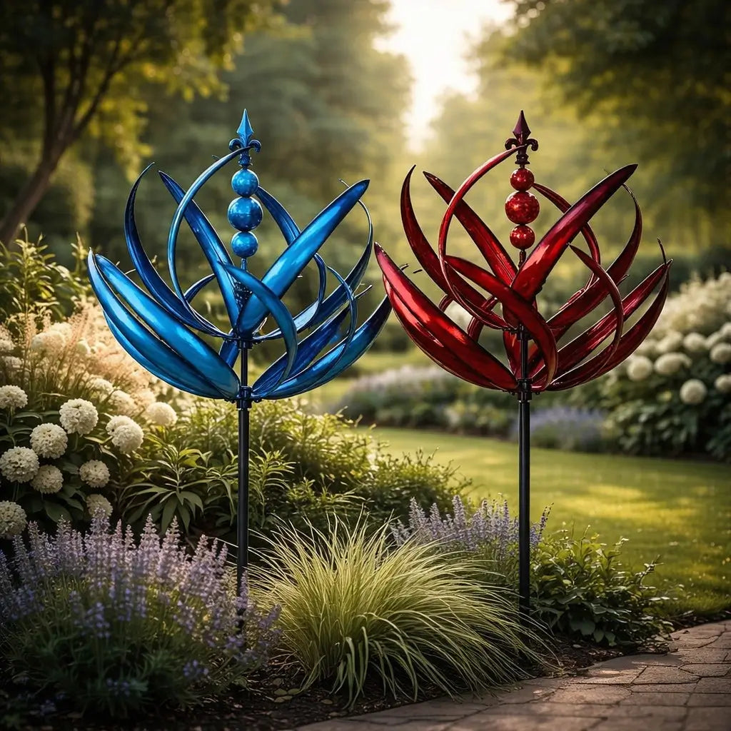 Stunning lotus metal wind spinner, an elegant and weather-resistant garden and patio decoration.