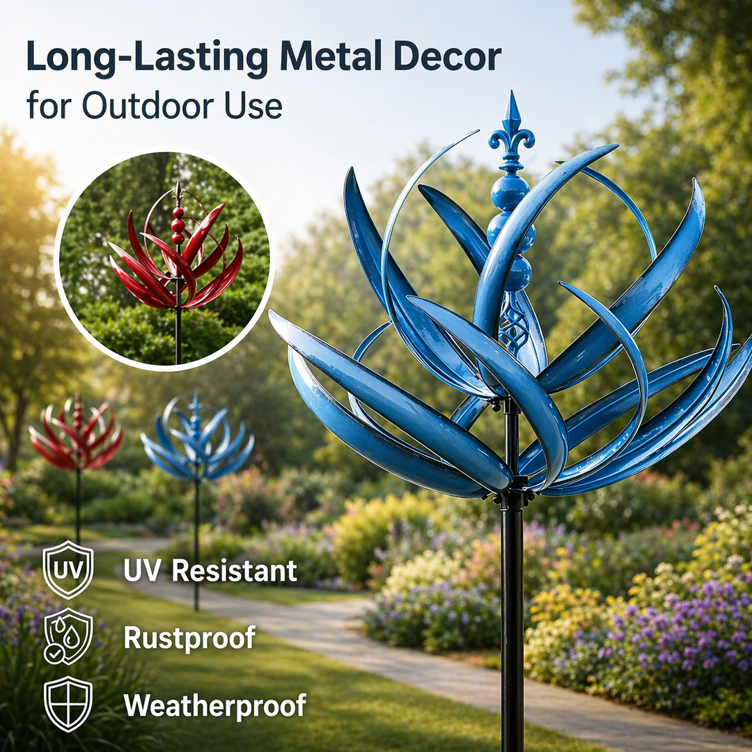 Artistic lotus metal garden wind spinner, a durable and elegant outdoor yard ornament.