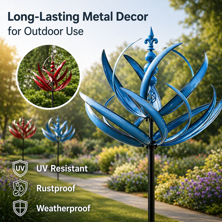 Artistic lotus metal garden wind spinner, a durable and elegant outdoor yard ornament.