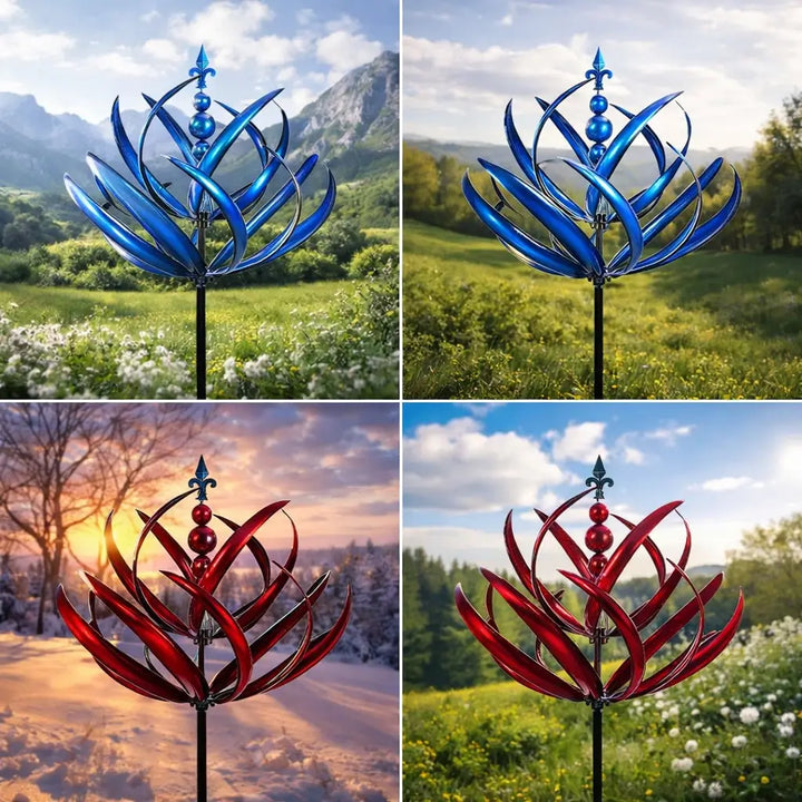 Chic lotus metal wind spinner, rust-resistant and ideal for garden, patio, or lawn decor.