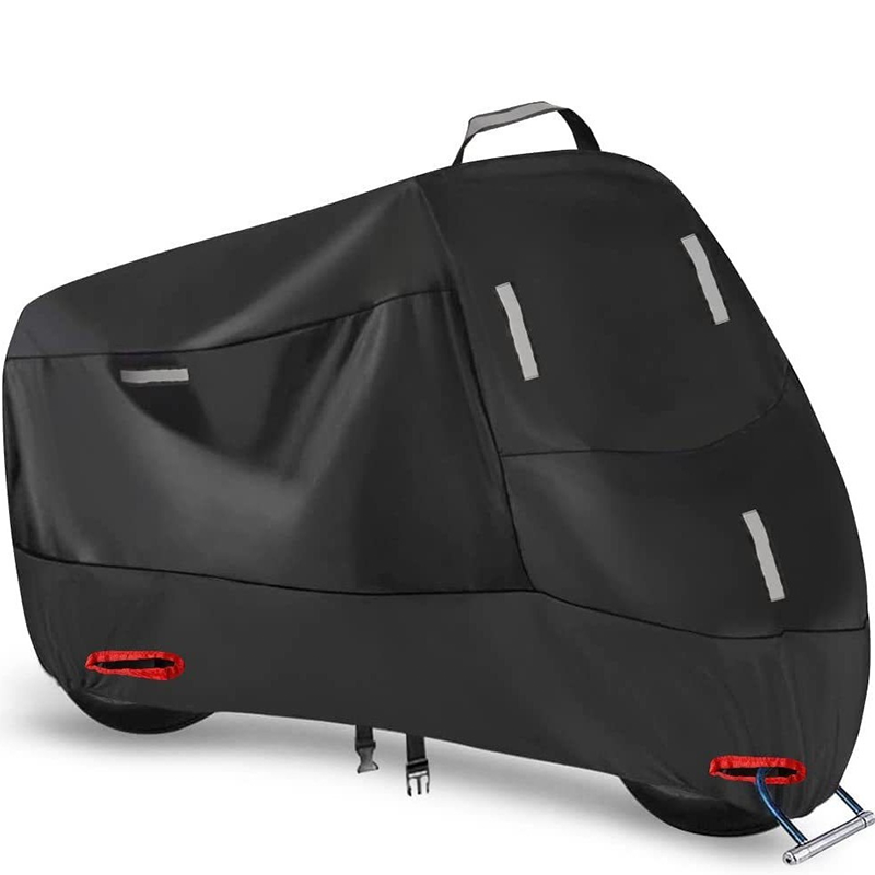 Weatherproof motorcycle cover for all-season outdoor protection. Heavy-duty bike protector against rain, dust, snow.