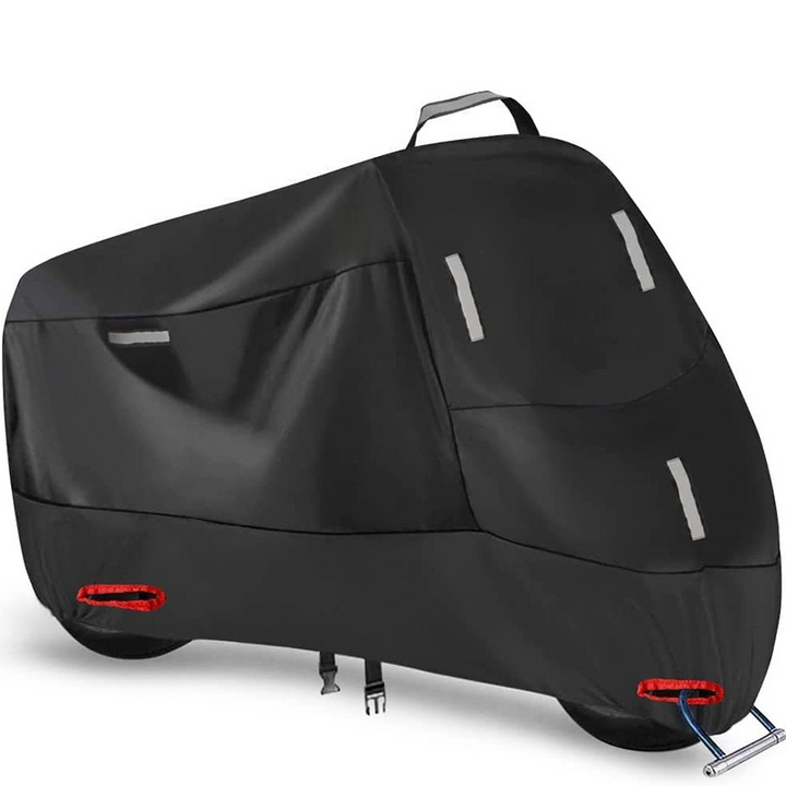 Weatherproof motorcycle cover for all-season outdoor protection. Heavy-duty bike protector against rain, dust, snow.