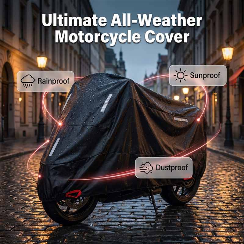 All-season motorcycle cover with reflective strips. Provides weatherproof protection from rain, dust, and UV rays.
