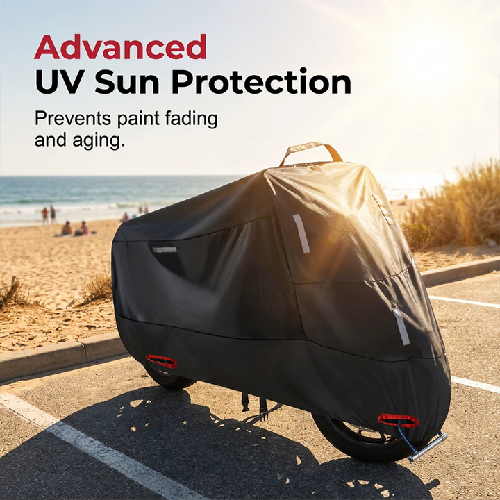 Heavy-duty motorcycle cover, snow resistant & dust proof. Ideal for outdoor storage, protecting your bike year-round.