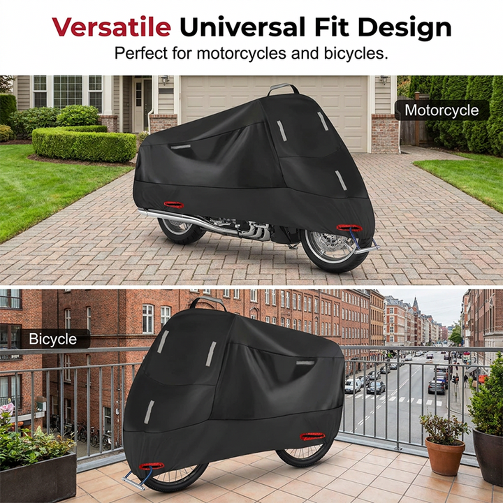 Motorcycle cover with reflective strips for enhanced visibility. All-season weatherproof protection against rain, sun, dust.