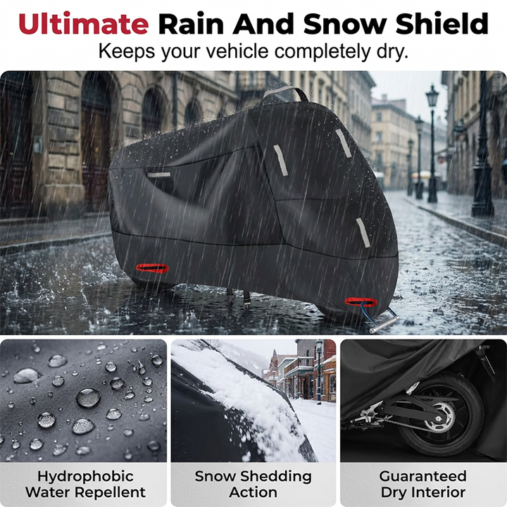 Premium motorcycle cover for ultimate bike protection. Rain, snow, & dust shield for all-season outdoor vehicle storage.