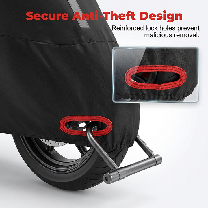 Outdoor motorcycle cover, dust proof & snow resistant. Heavy-duty weatherproof bike protector for year-round vehicle safety.