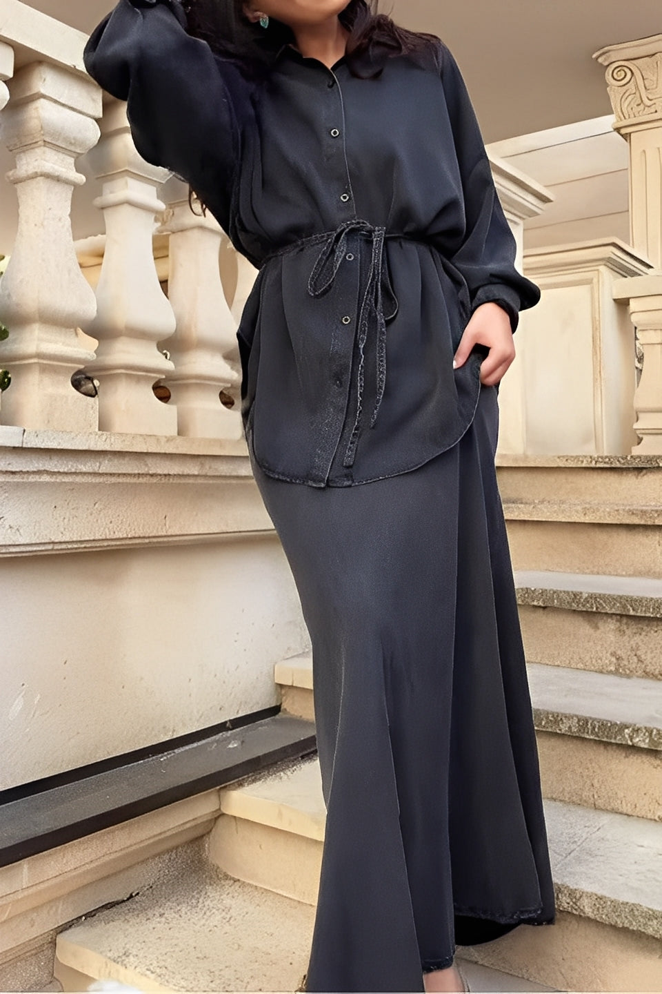 Women's Long-Sleeve Tie-Waist Shirt & Skirt Set