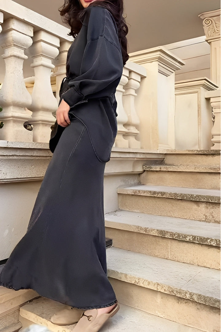 Women's Long-Sleeve Tie-Waist Shirt & Skirt Set