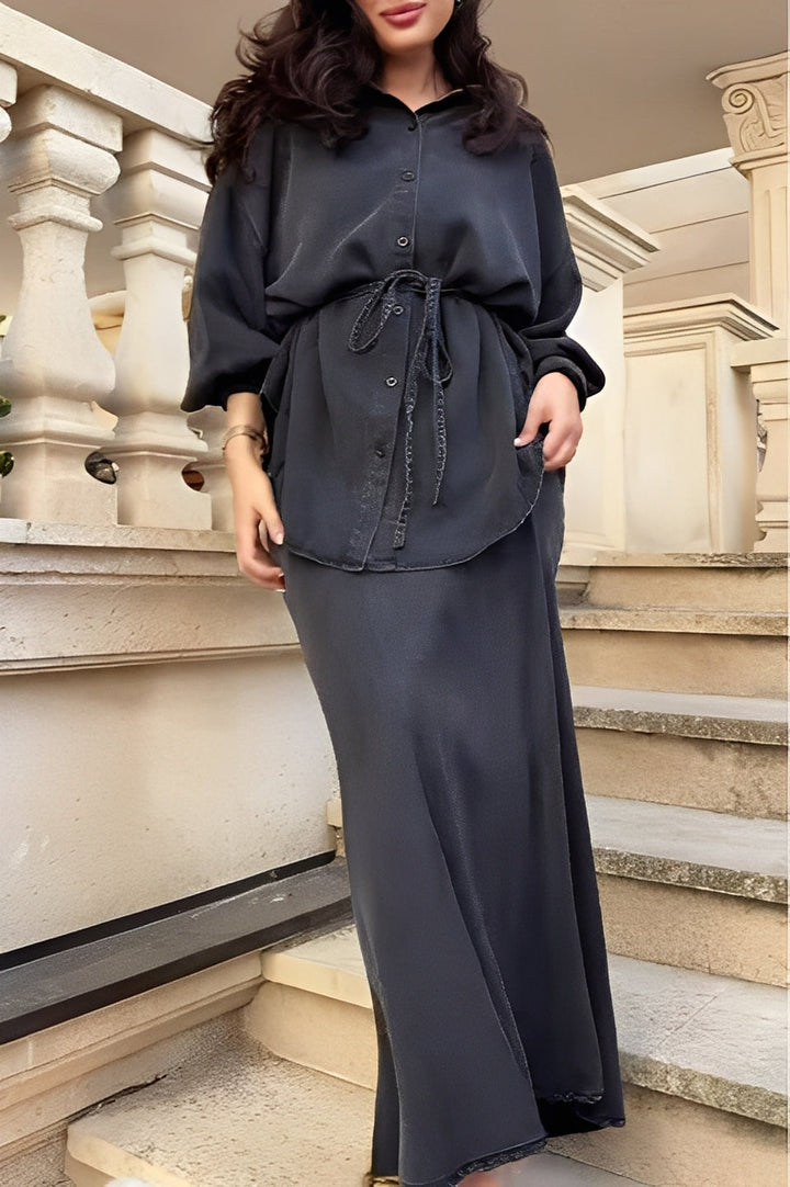 Women's Long-Sleeve Tie-Waist Shirt & Skirt Set