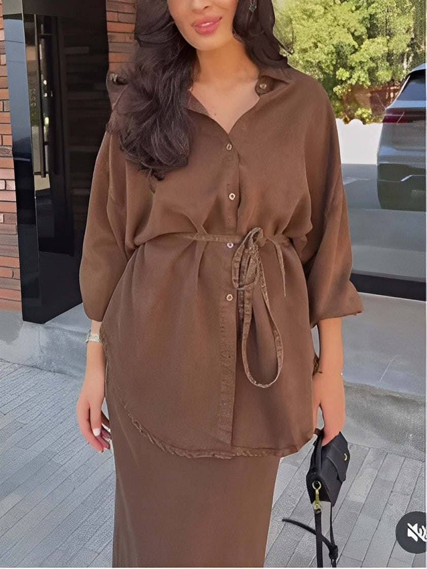 Women's Long-Sleeve Tie-Waist Shirt & Skirt Set