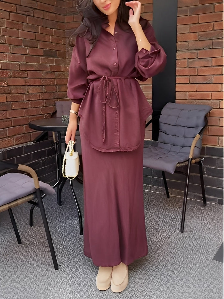 Women's Long-Sleeve Tie-Waist Shirt & Skirt Set