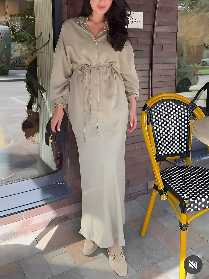 Women's Long-Sleeve Tie-Waist Shirt & Skirt Set