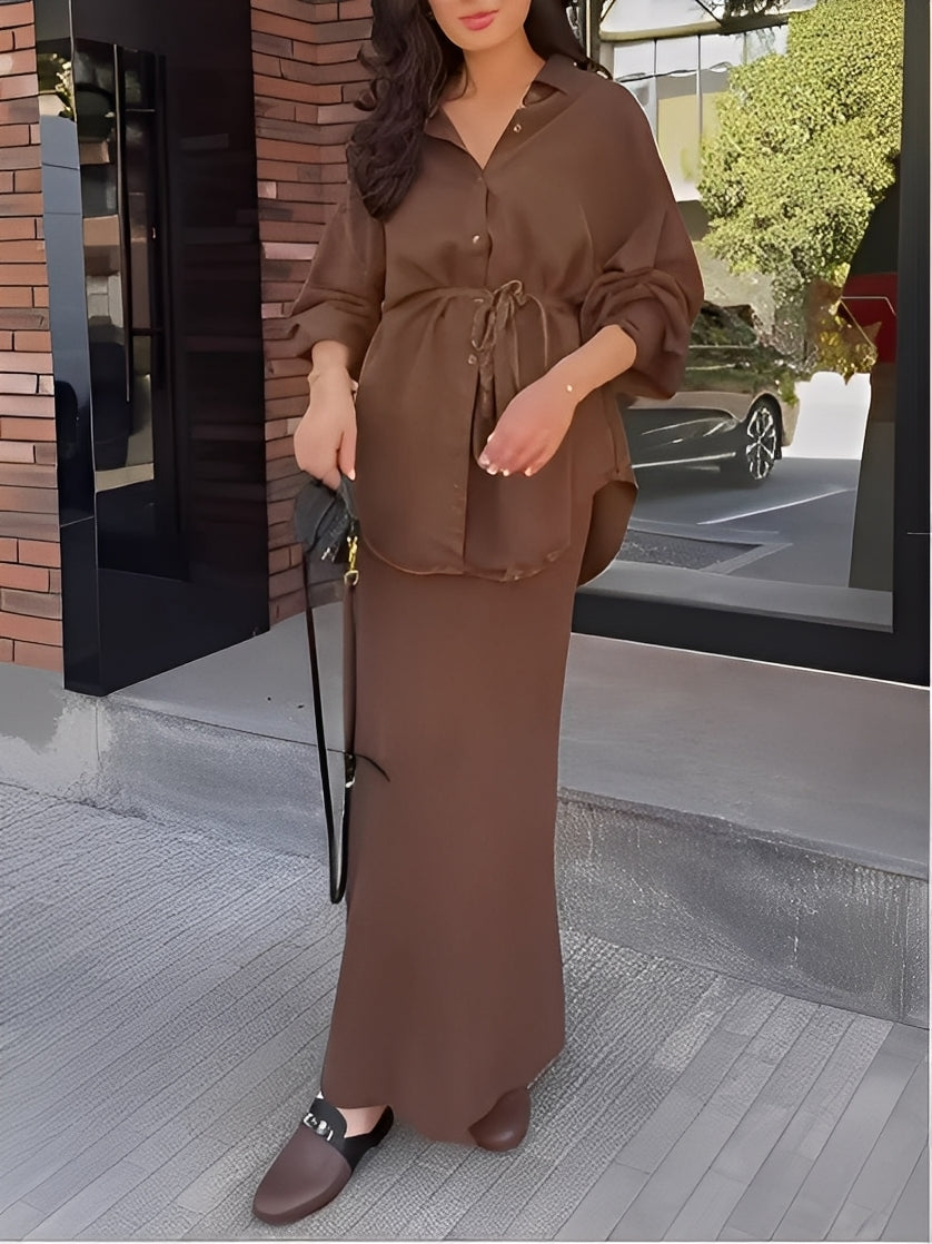 Women's Long-Sleeve Tie-Waist Shirt & Skirt Set